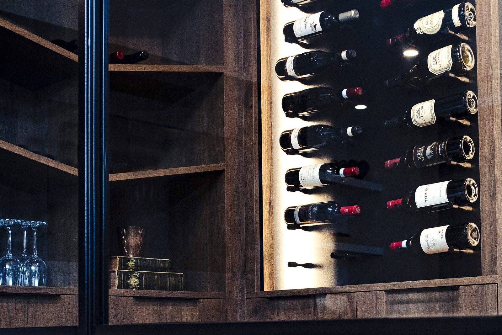 Chestermere lit wine rack and glass shelves