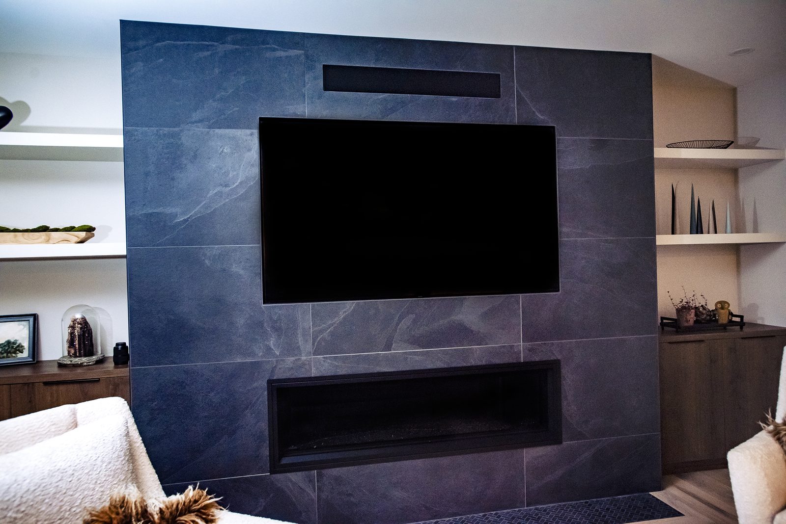 Chestermere stone fireplace wall